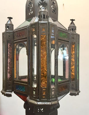 Moroccan Handcrafted Moorish Pendant Lantern with Multi-Color Glass