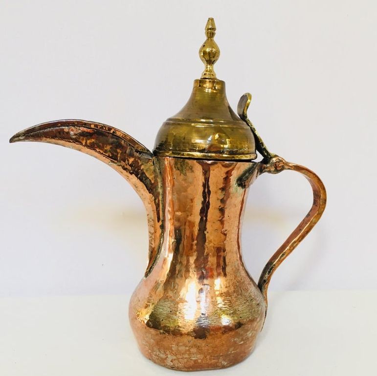 Antique Dallah Coffee Pot, Hand-Hammered Copper & Brass, Oman, 1890