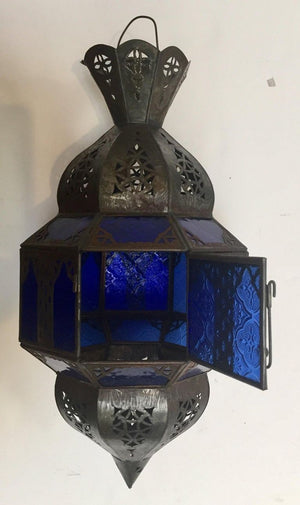 Handcrafted Moroccan Metal and Blue Glass Lantern, Octagonal Shape