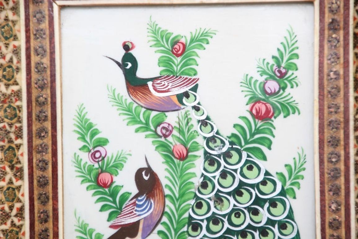 Middle Eastern Miniature Painting of Peacocks in Mosaic Frame