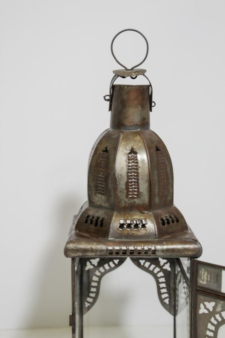 Moroccan Metal Candle Lantern in Moorish Square Metal and Clear Glass