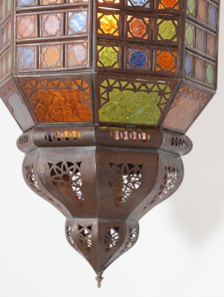 Moroccan Hanging Glass Lantern Moorish Metal Light Fixture with Stained Glass