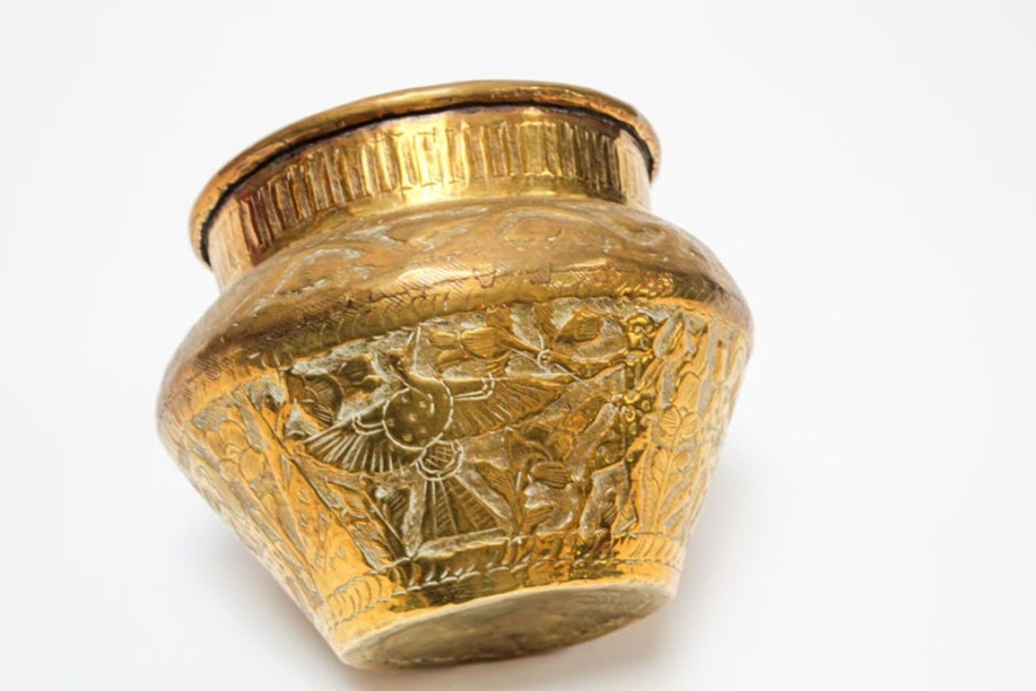 Middle Eastern Islamic Brass Bowl with Egyptian Scene