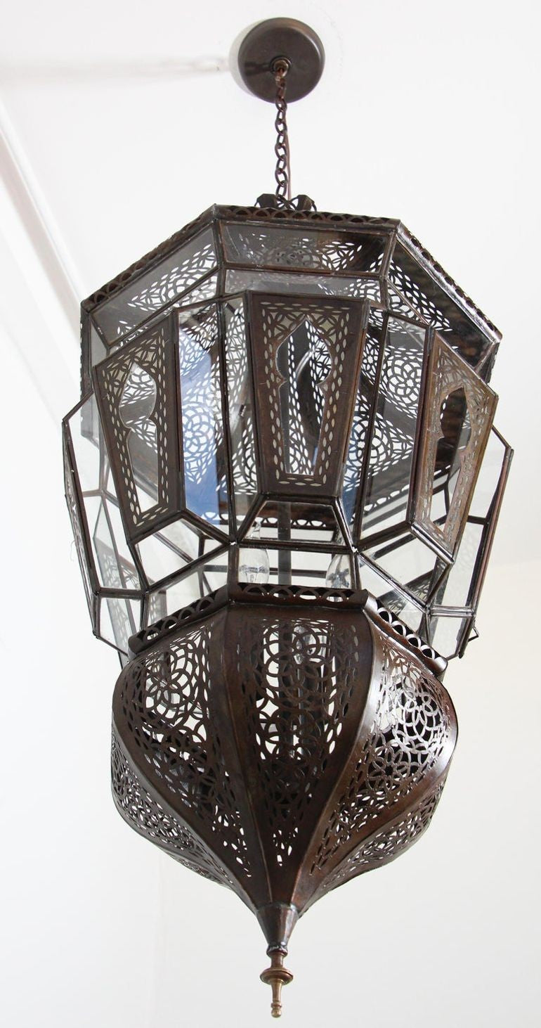 Vintage Moroccan Moorish Clear Glass Pierced Metal Lantern Chandelier, 1980s