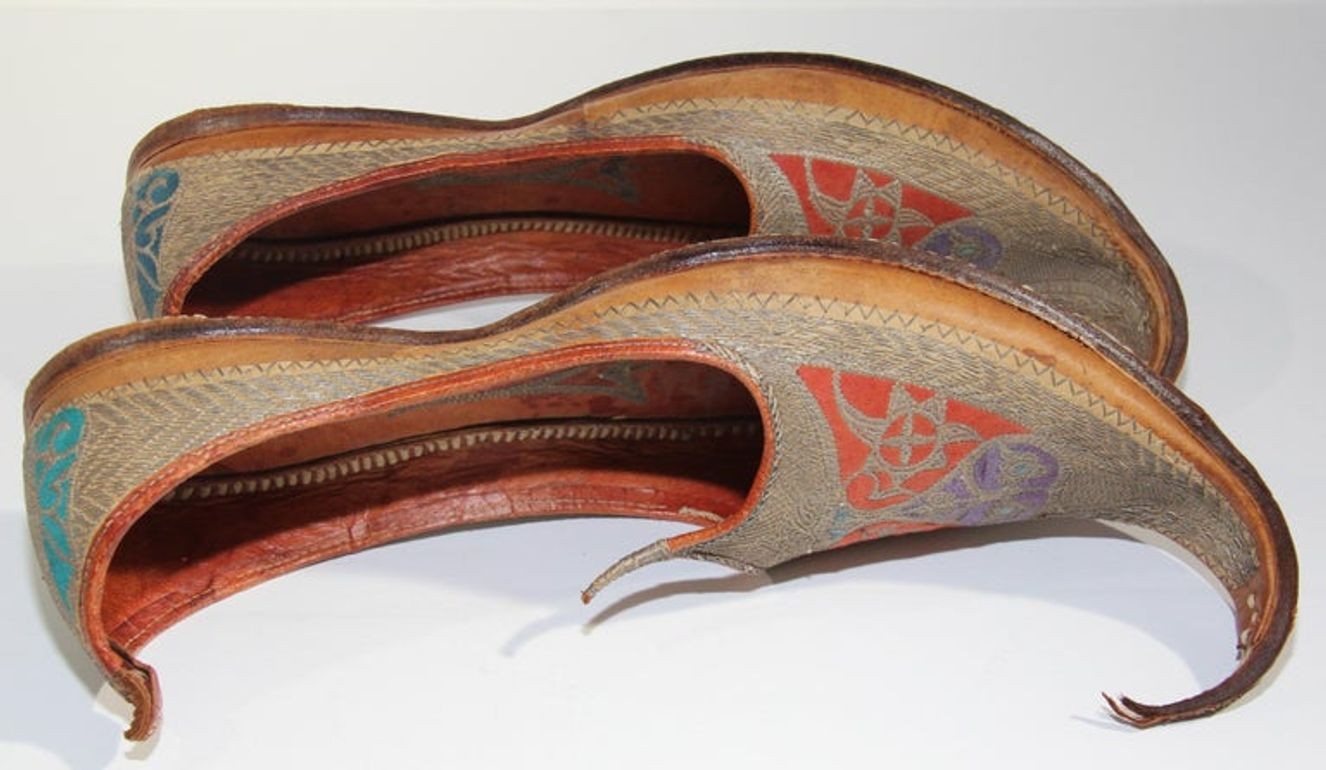 Antique Leather Mughal Shoes with Gold Embroidered