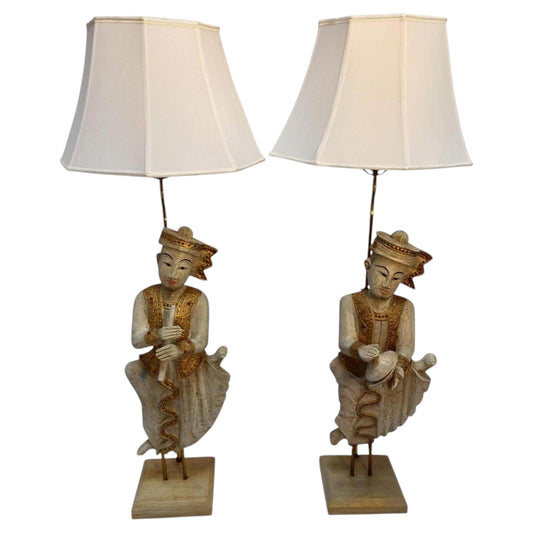 Pair of Thai Siamese Musician Gilt-Carved Wood Table Lamps, Midcentury