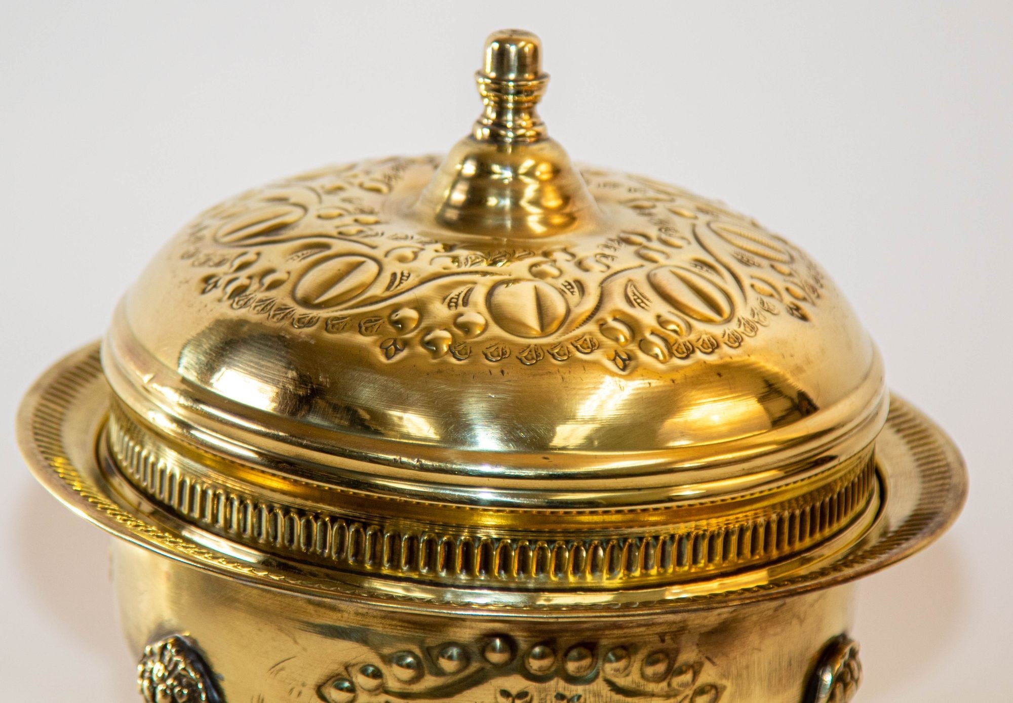 1940s Antique Round Moroccan Brass Serving Dish with Dome Lid and Paw Lion Feet.