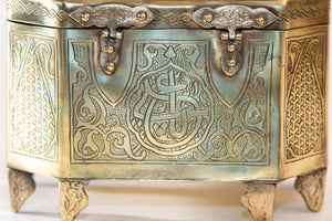 Persian Brass Jewelry Box in Mamluk Revival Damascene Moorish Islamic Style 1920