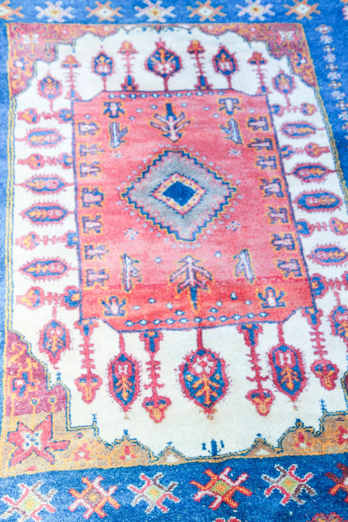 1960s Moroccan Berber Rug in Royal Blue, Pink and Orange Colors