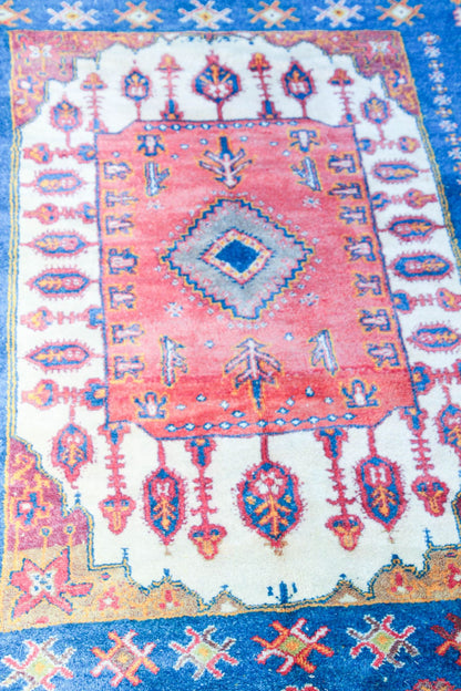 1960s Moroccan Berber Rug in Royal Blue, Pink and Orange Colors