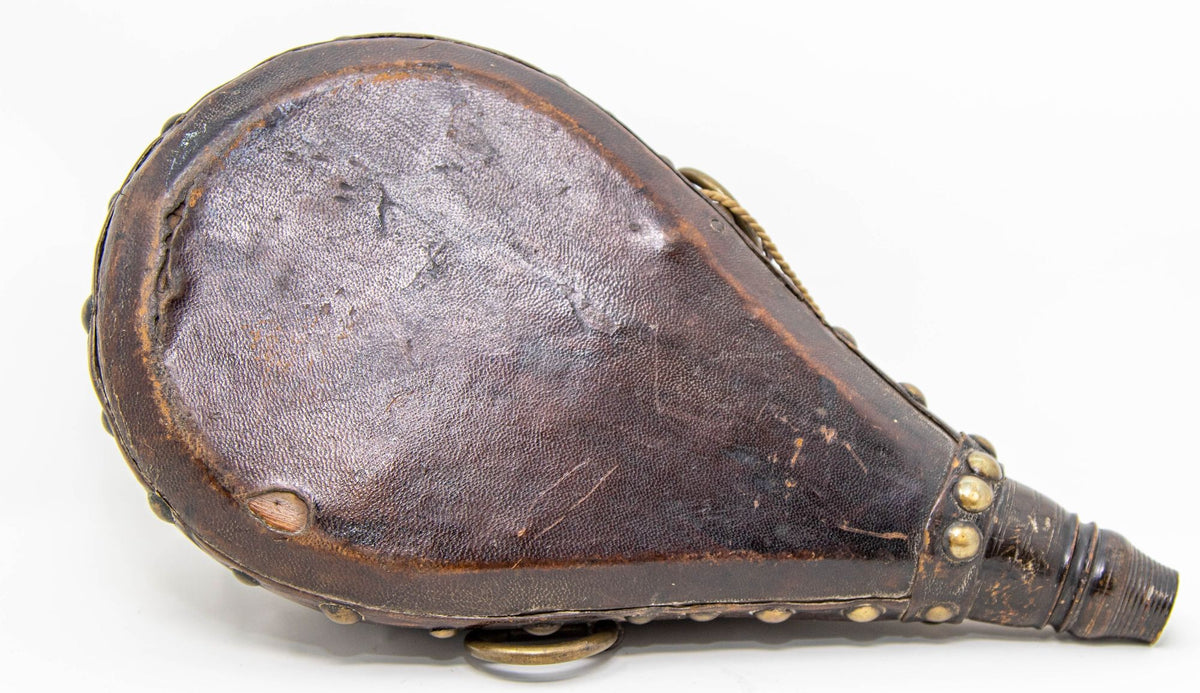 Antique Moroccan Carved Wood and Tooled Leather Powder Flask, 19th Century