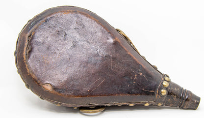 Antique Moroccan Carved Wood and Tooled Leather Powder Flask, 19th Century