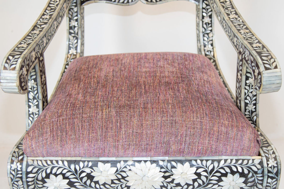 Anglo-Indian Mughal Mother of Pearl Inlaid Klismos Armchair with Ram Head 1 of 2