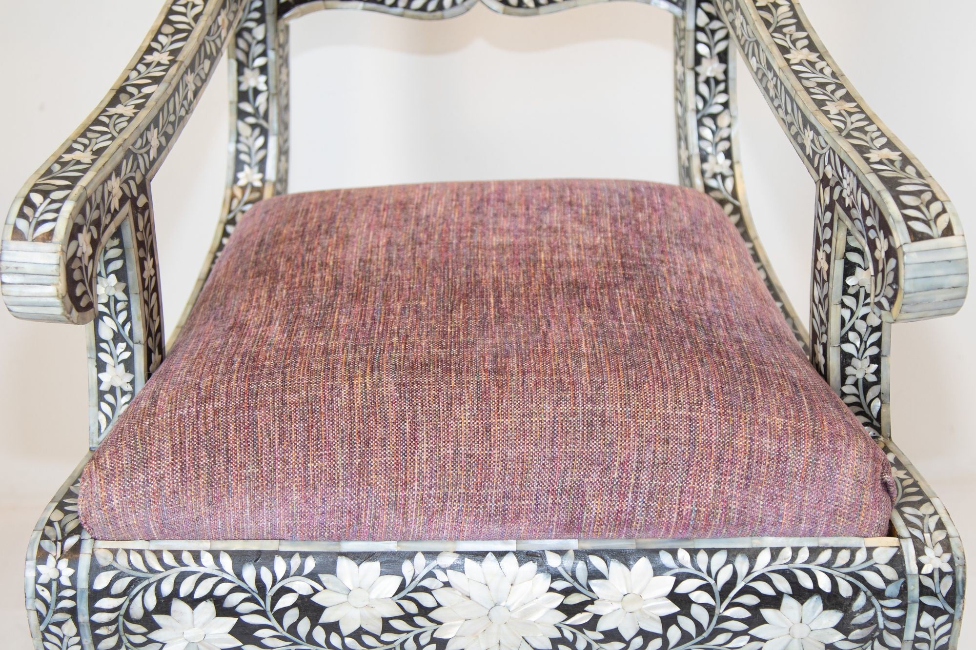 Anglo-Indian Mughal Mother of Pearl Inlaid Klismos Armchair with Ram Head 1 of 2