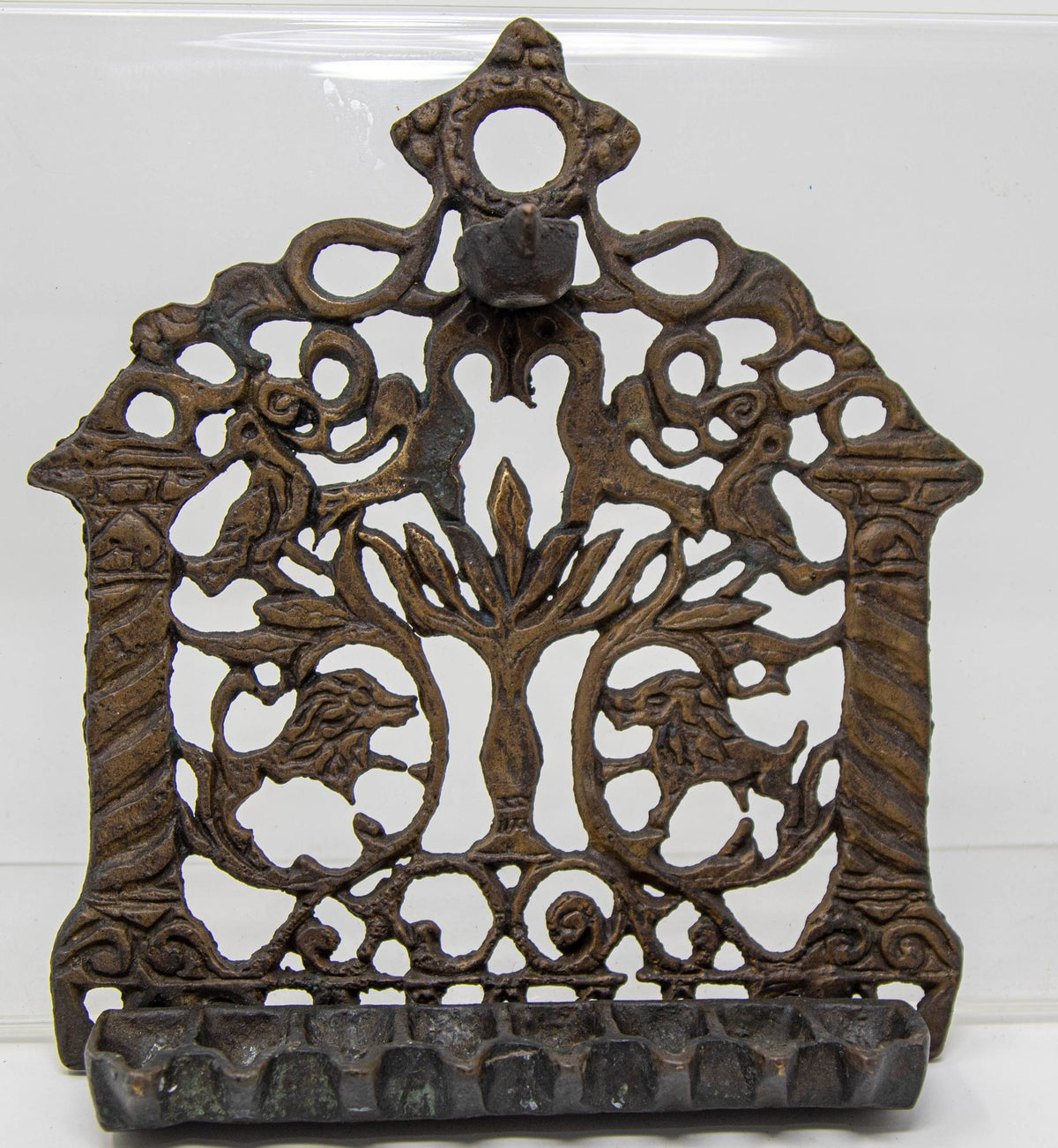 19th Century Moroccan Brass Hanukkah Oil Lamp Menorah, Antique Jewish Judaica