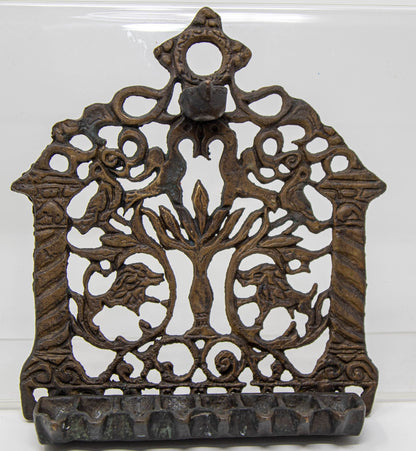 19th Century Moroccan Brass Hanukkah Oil Lamp Menorah, Antique Jewish Judaica