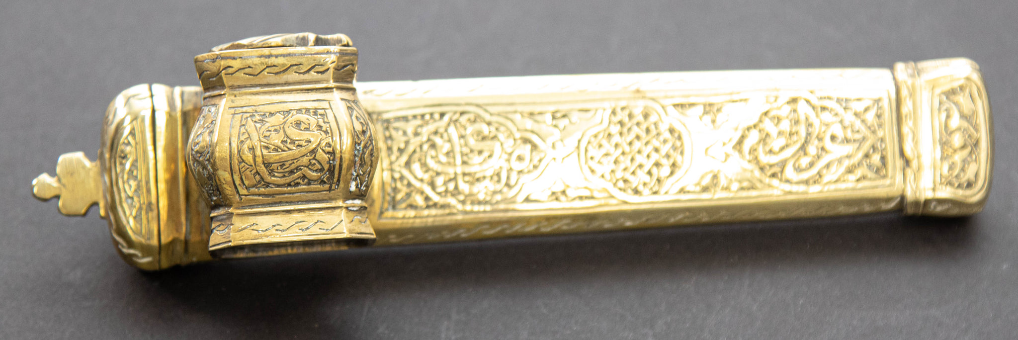 Antique 19th C. Ottoman Turkish Brass Inkwell Qalamdan with Arabic Calligraphy Writing