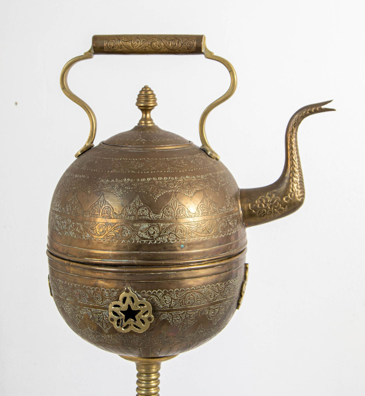 Monumental Moroccan Engraved Brass Tea Kettle on Stand