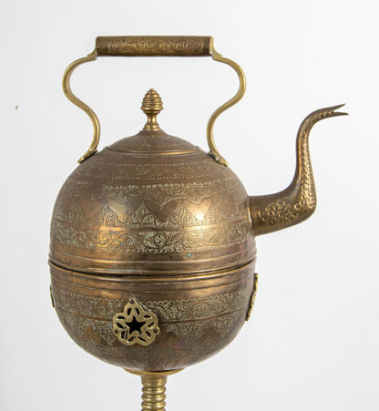 Monumental Moroccan Engraved Brass Tea Kettle on Stand