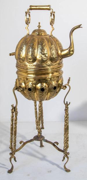 Moroccan Brass Tea Kettle on Stand Handcrafted in Fez Morocco 1930
