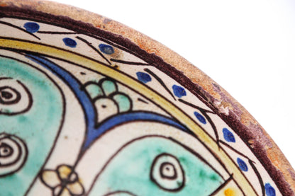 Antique 19th C. Moroccan Ceramic Bowl Polychrome Footed Dish Fez