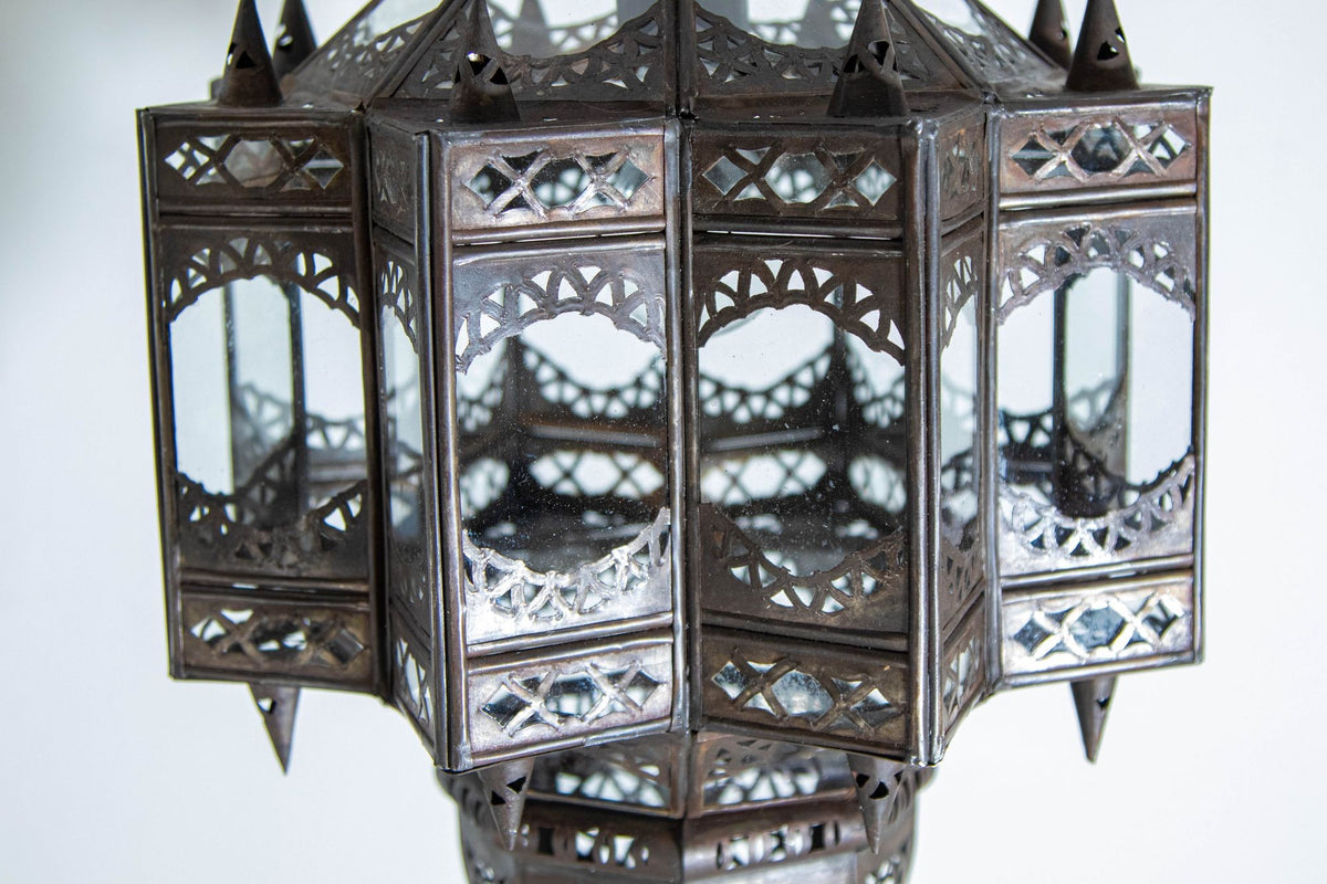 Vintage Moroccan Moorish Star Clear Glass & Pierced Metal Lantern, Marrakech