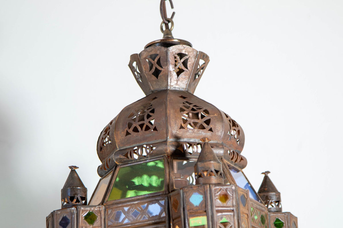 Vintage Moroccan Traditional Moorish Metal and Glass Lantern Ceiling Light
