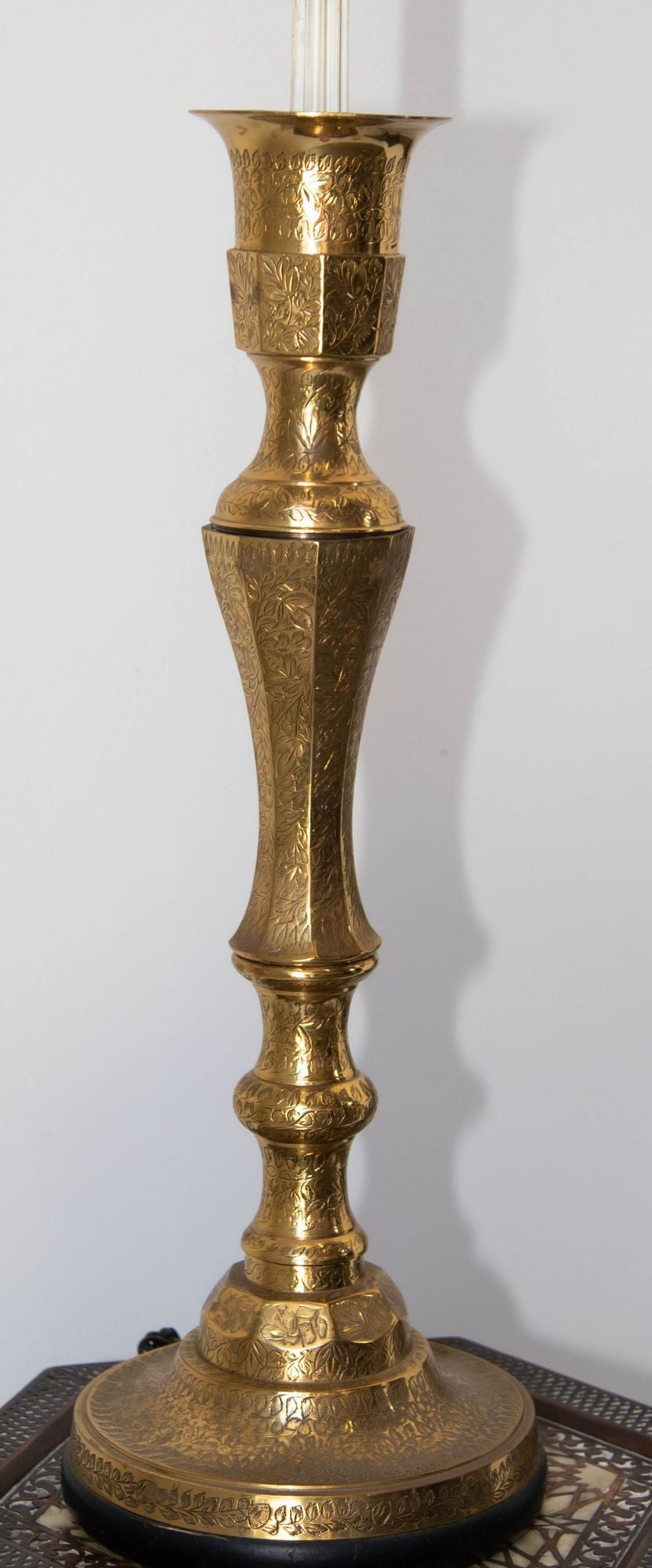Vintage Polished Etched Solid Brass Candle Holder Table Lamp India