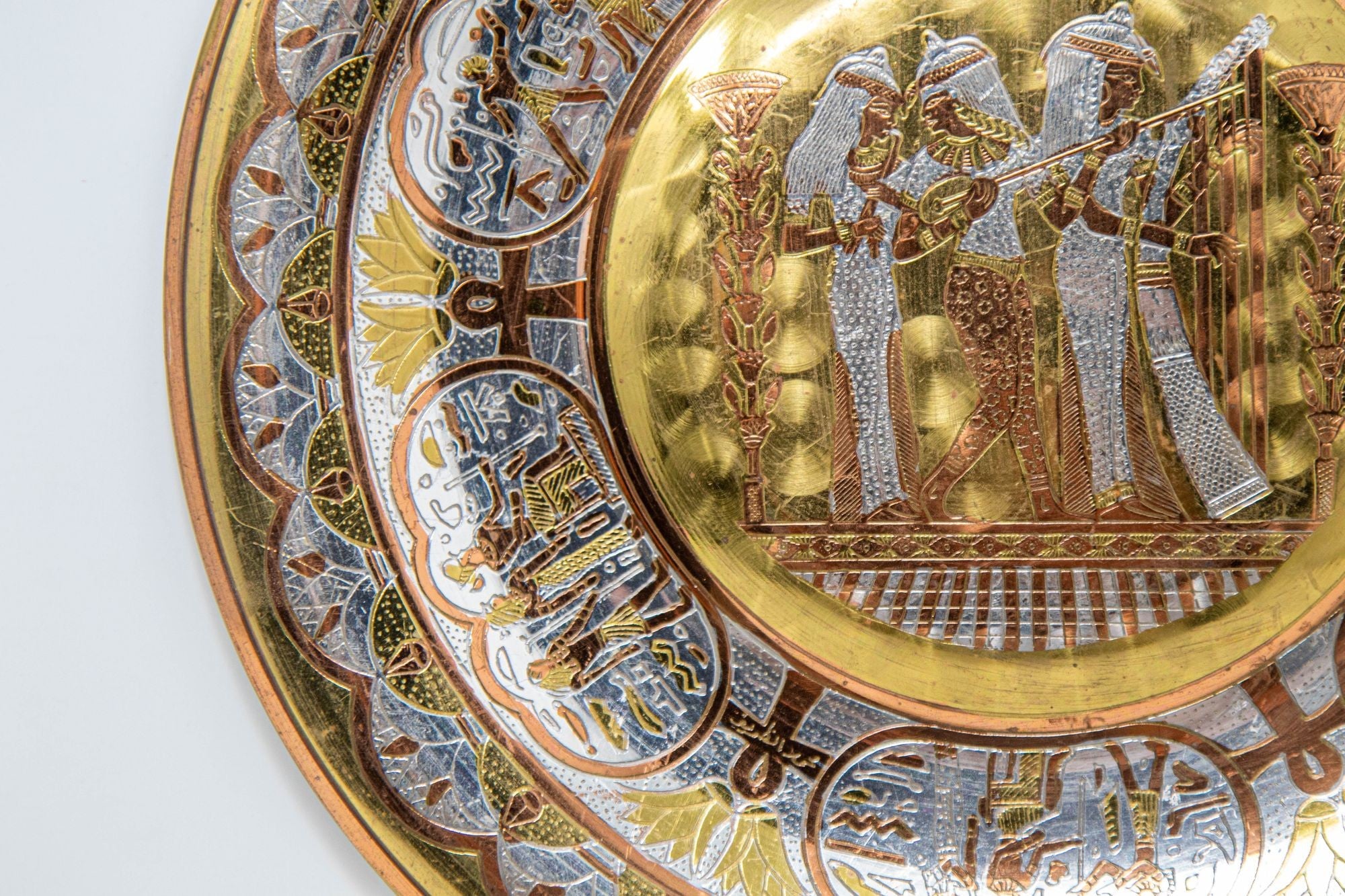 Egyptian Round Brass Tray with Silver and Copper Overlay Wall Hanging 1970