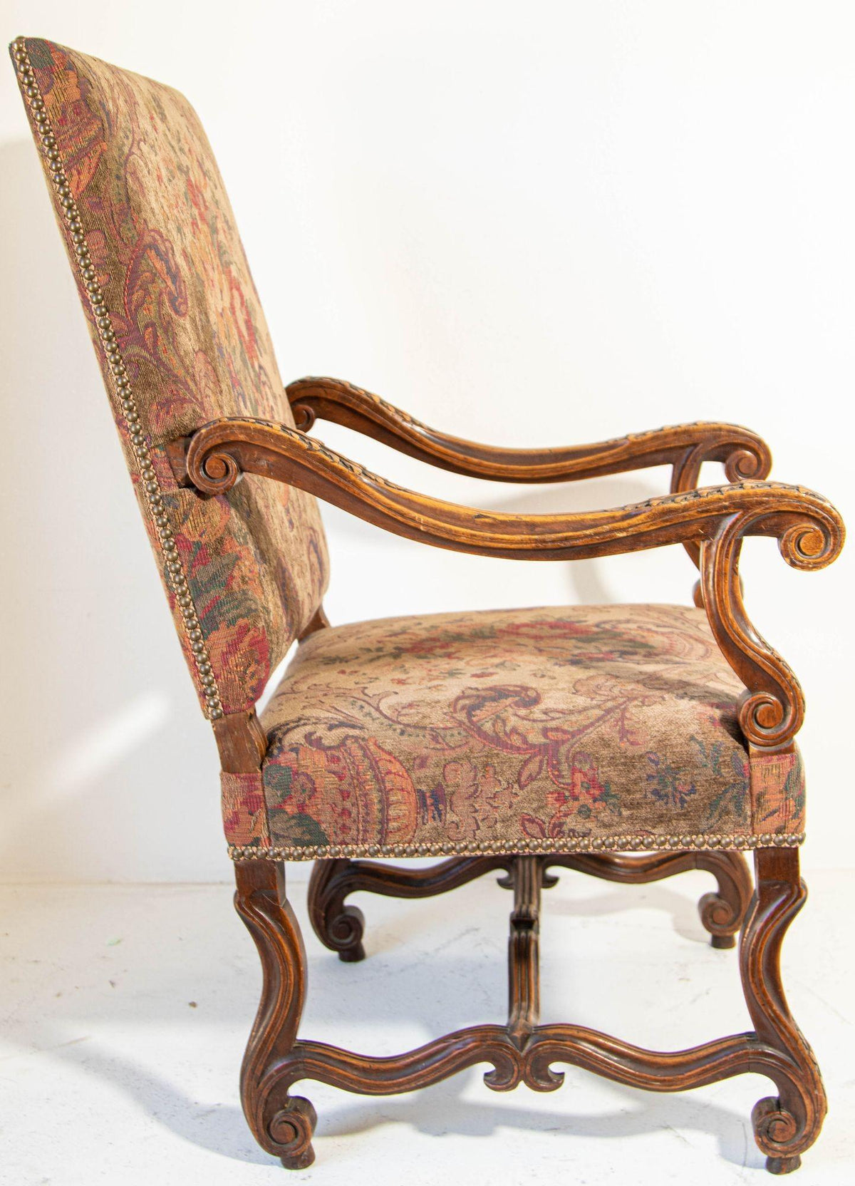 French Baroque Walnut Armchairs with Aubusson Upholstery, Circa 1930 — detail view 15