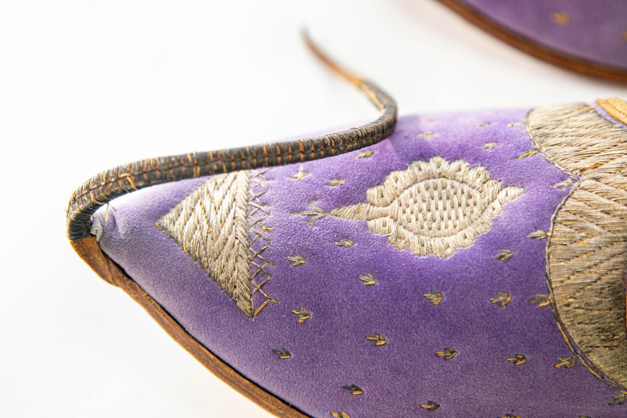 Antique Leather Purple Velvet Suede Mughal Raj Moorish Shoes Gold Embroidered