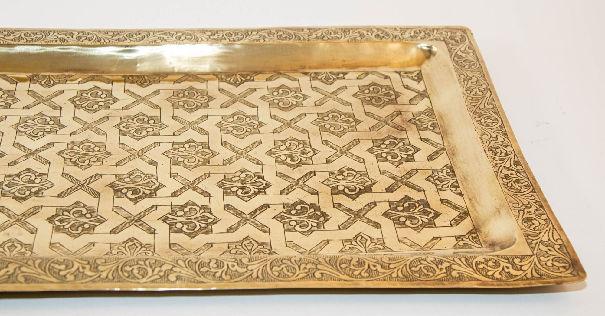 1940s Moroccan Brass Tray Rectangular Shape Polished Gold Brass Serving Platter