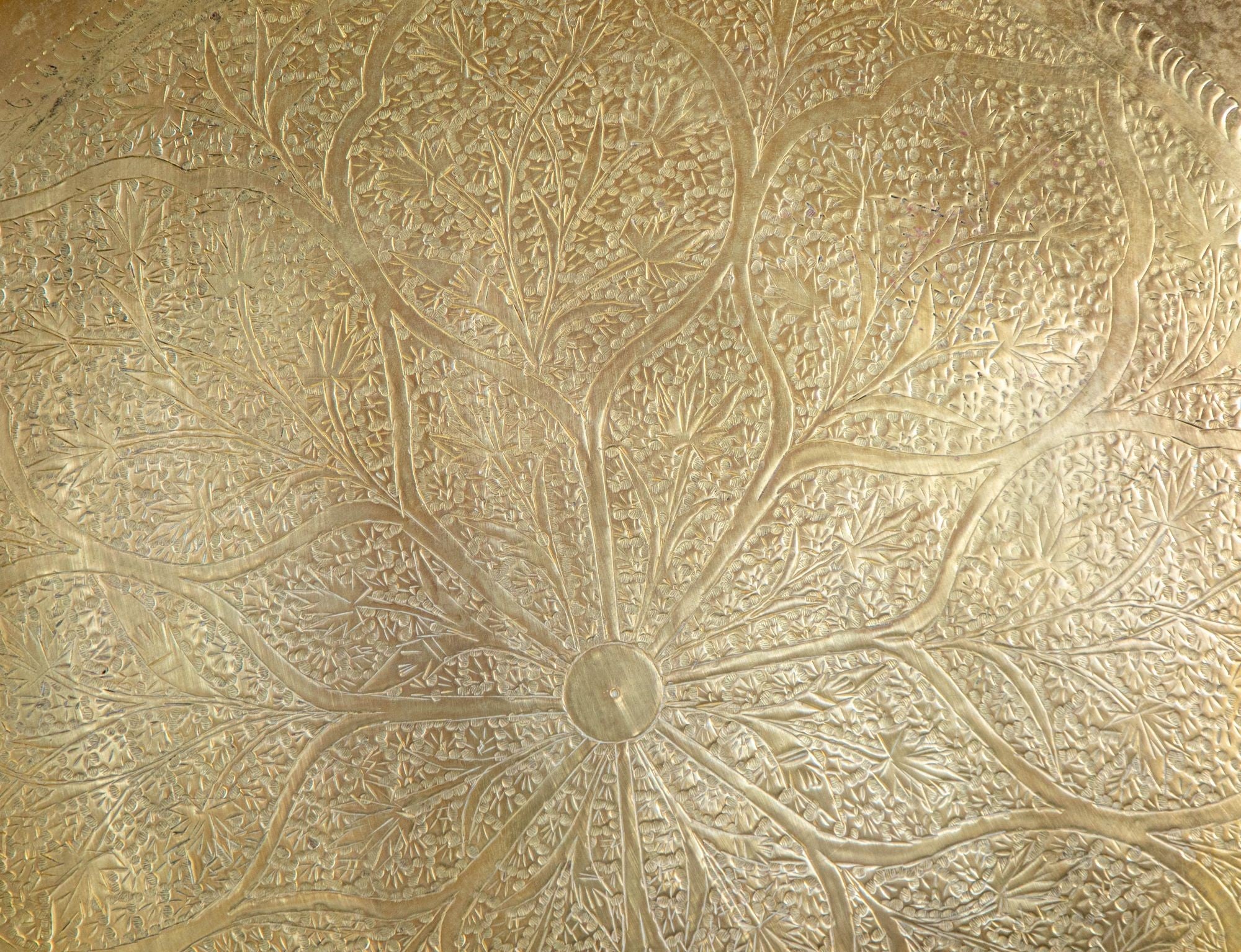 Antique Islamic Mughal Rajasthani Large Moorish Round Brass Tray with Crest Edges 30 in.