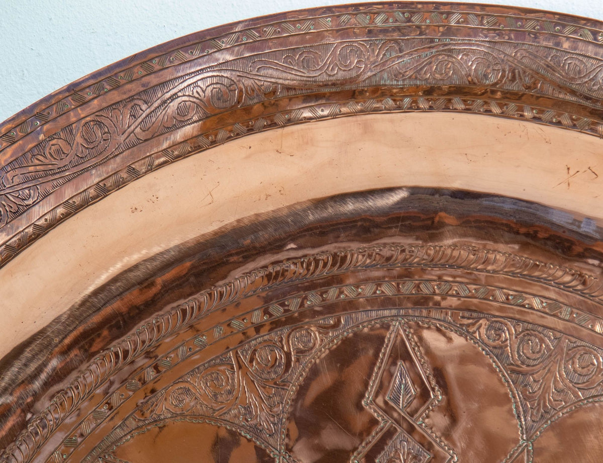 Antique Oversized Moroccan Metal Copper Tray 31 in Diameter