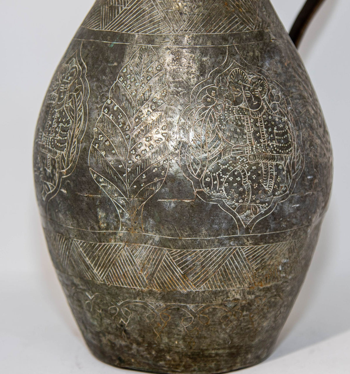 19th Century Persian Qajar Engraved Tinned Copper Ewer Pitcher