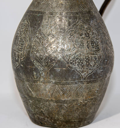 19th Century Persian Qajar Engraved Tinned Copper Ewer Pitcher