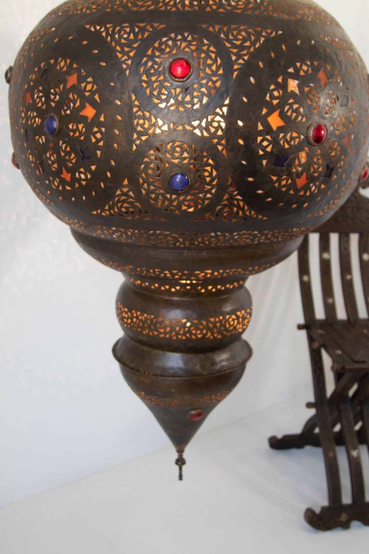 Large Moroccan Moorish Pierced Brass Chandelier with Colored Glass, circa 1940
