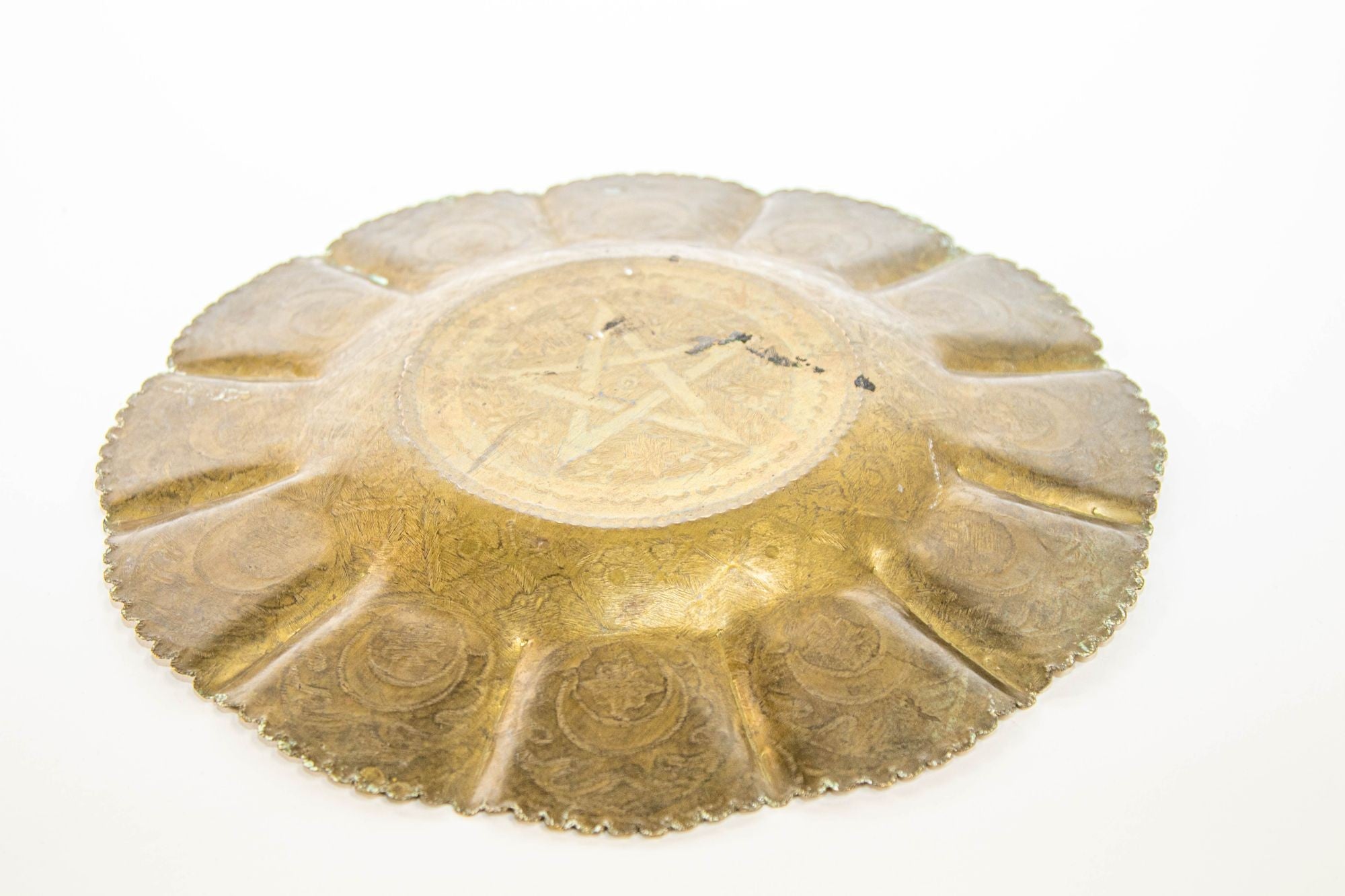 1950s Moroccan Brass Tray with Star and Moon Pattern 13 in. Diameter
