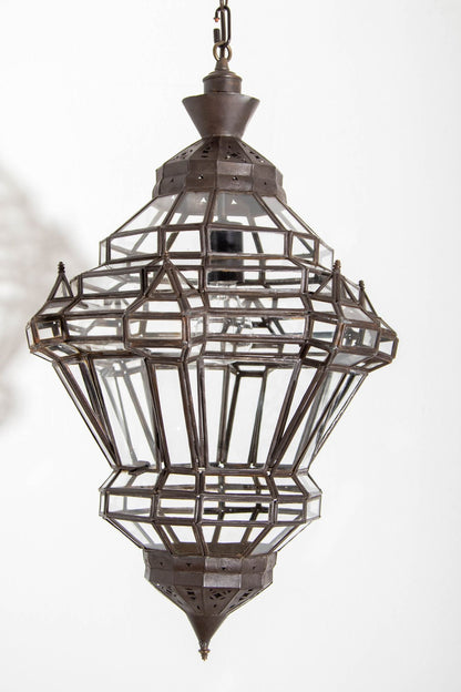 Vintage Moroccan Glass Lantern, Moorish Style Metal Fixture, 1980s