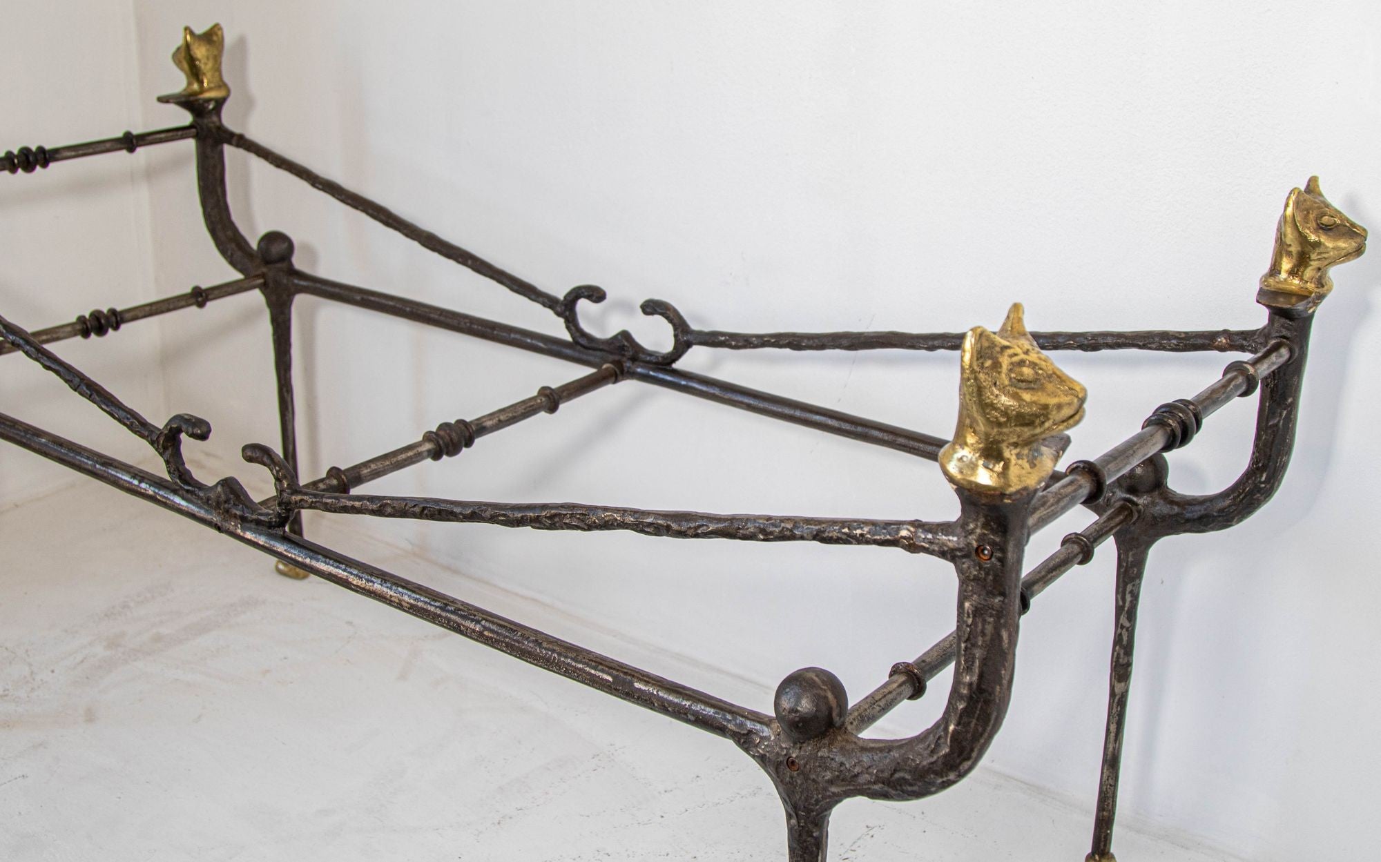 Giacometti Style Sculptural Brutalist Iron and Glass Console Table With Cat Head