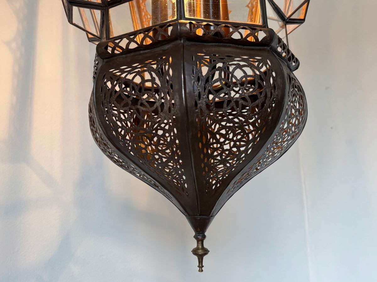 Pair of Large Moroccan Moorish Glass and Filigree Hanging Lanterns