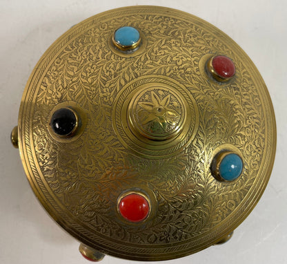 Vintage Moroccan Jewelled Trinket Brass Round Box with Beads