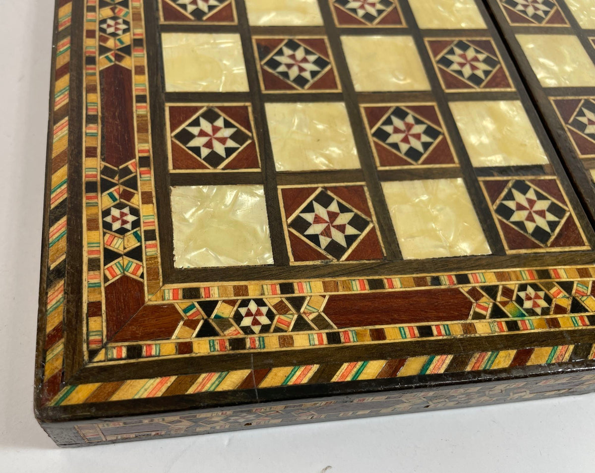 Middle Eastern Mosaic Inlaid Marquetry Box, Vintage Game Chest, 1950