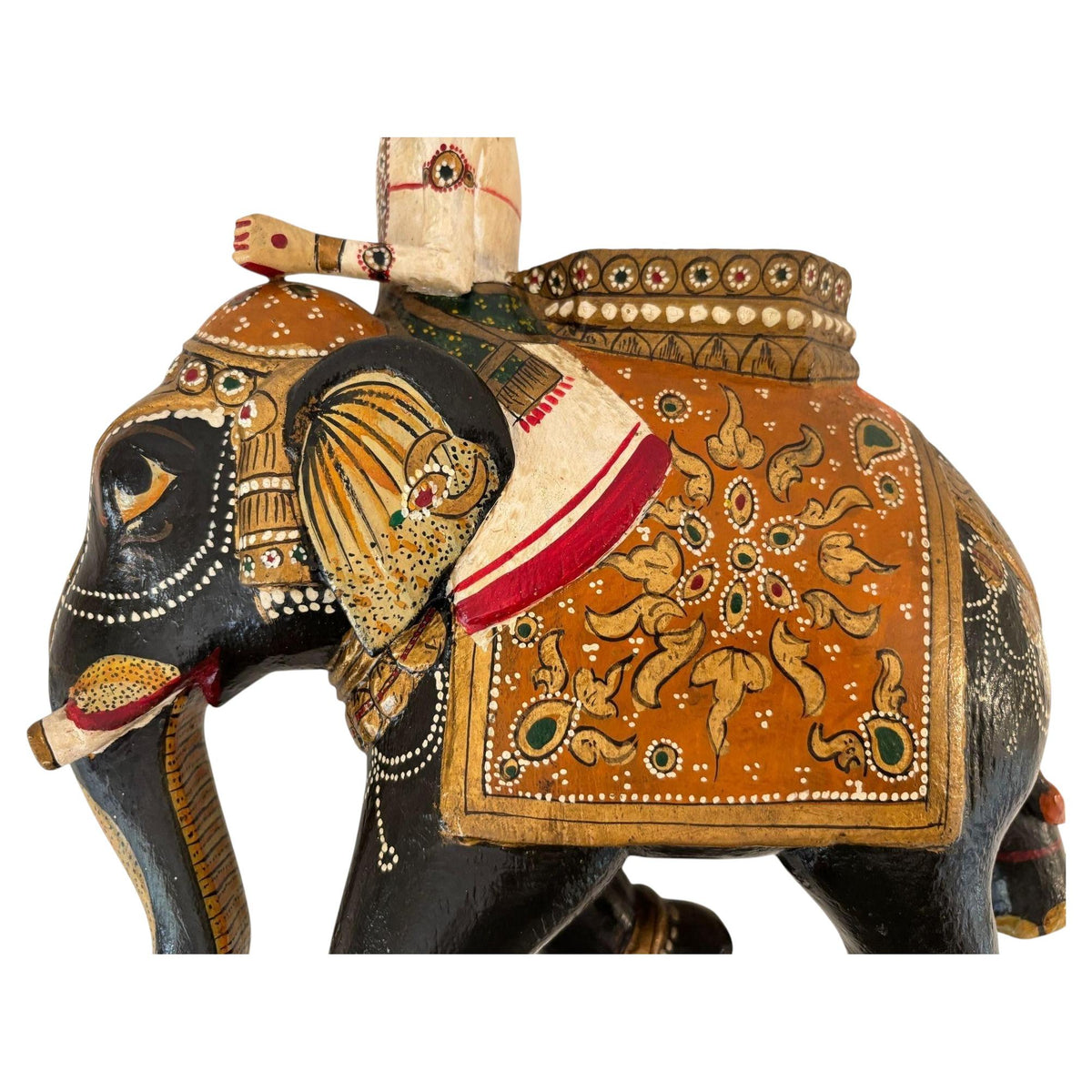 Antique Anglo-Raj Hand-Carved Teak Elephant with Rider Polychrome Sculpture — additional view 2