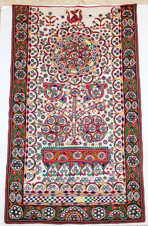 1920's Indian Gujarati Rabari Kutch Silk Embroidered Ethnic Textile with Mirror