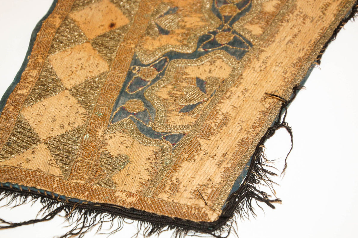 Antique Islamic Art Ottoman Metallic Threads Arched Fragment Textile 19th c.