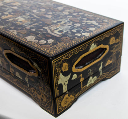 Large Chinoiserie Rectangular Black Lacquered Gilt Painted Covered Box 1950s — additional view 14