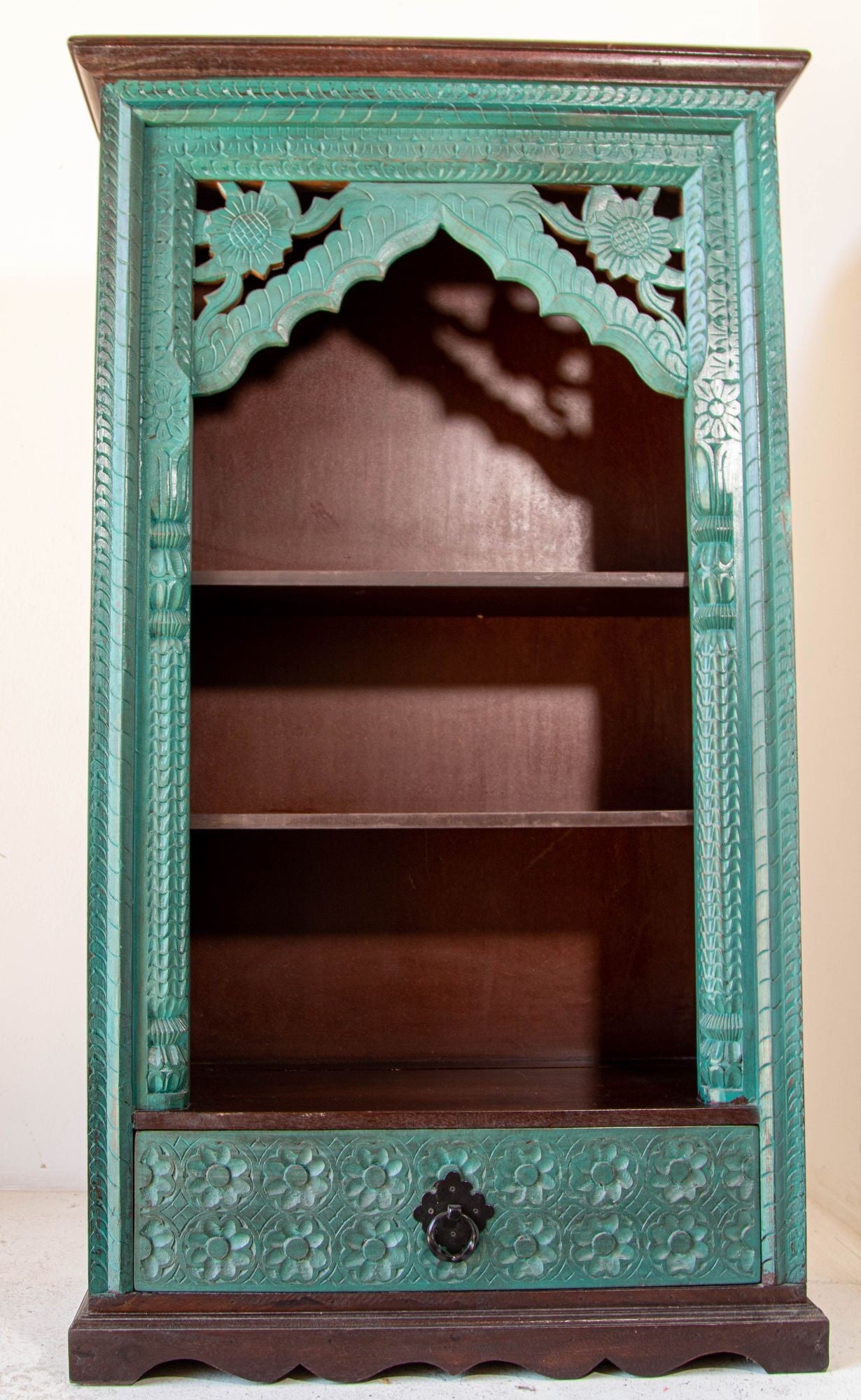 Hand-Carved Arch Bookshelf Wooden Cabinet in Rustic Blue