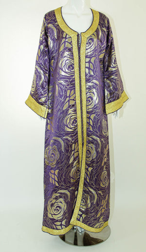 Moroccan Caftan Purple and Gold Damask Embroidered Vintage Kaftan 1960s
