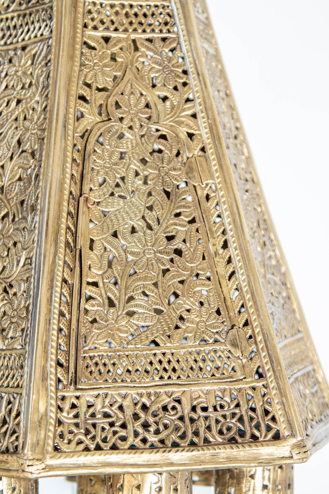 Antique Mamluk Turkish Pierced Brass Hanging Hexagonal Pendant Light Fixture